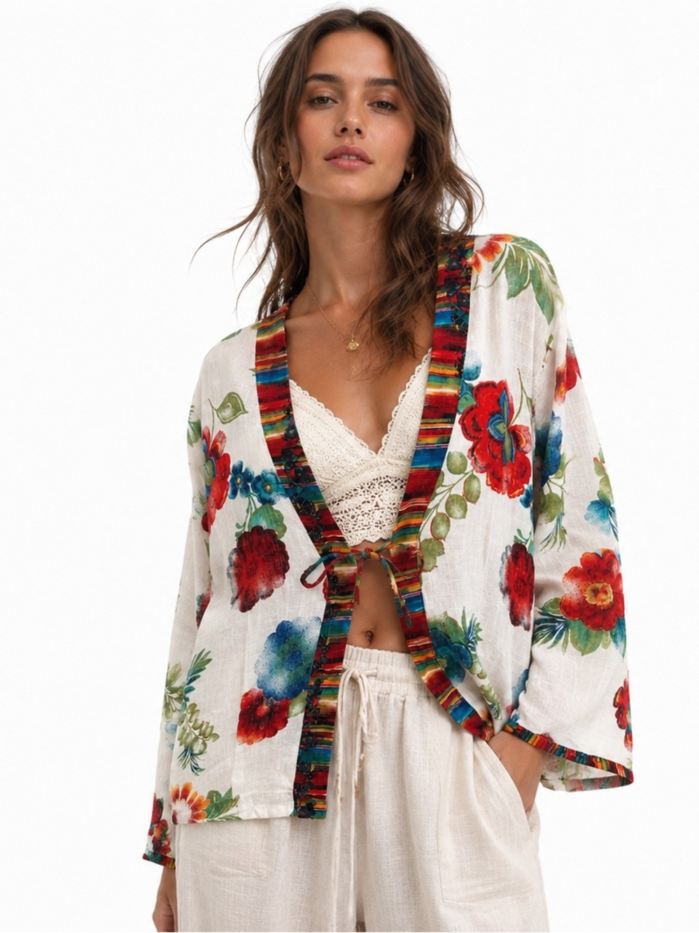 Vintage Chico’s 100% Linen Floral Tie Front Cardigan Boho Coastal Artsy Size M
